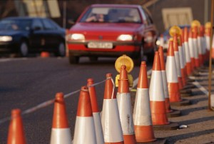 Description=ab23638.jpg AB23638 (RM) Traffic cones along side of road Taxi