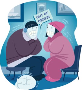 Couple shivering with broken furnace
